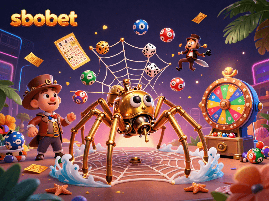 Experience sbobet betting with a steampunk spider trapping dice in its web, surrounded by lottery excitement.