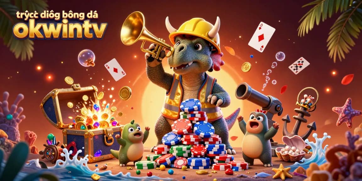 Experience trực tiếp bóng đá okwintv with vibrant, action-packed casino-themed 3D illustration.