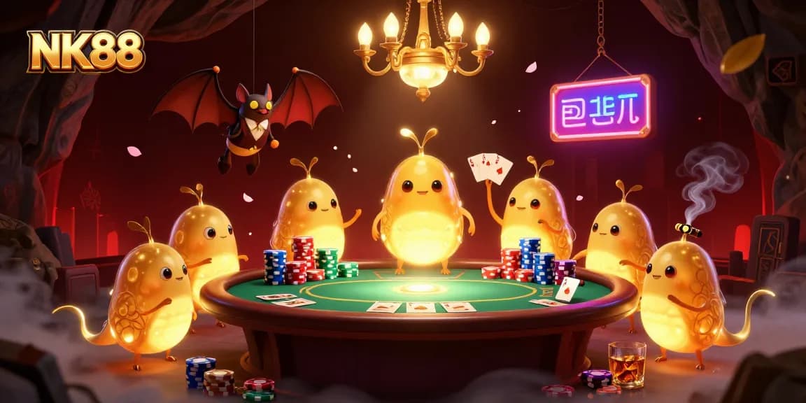 Experience thrilling poker action at NK88 casino, illuminated by glowworms in a vibrant cave scene.