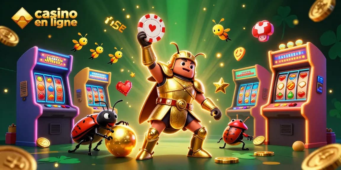Découvrez l'univers du casino en ligne avec ce design captivant illustrant des personnages animés et des éléments de jeu dynamiques.