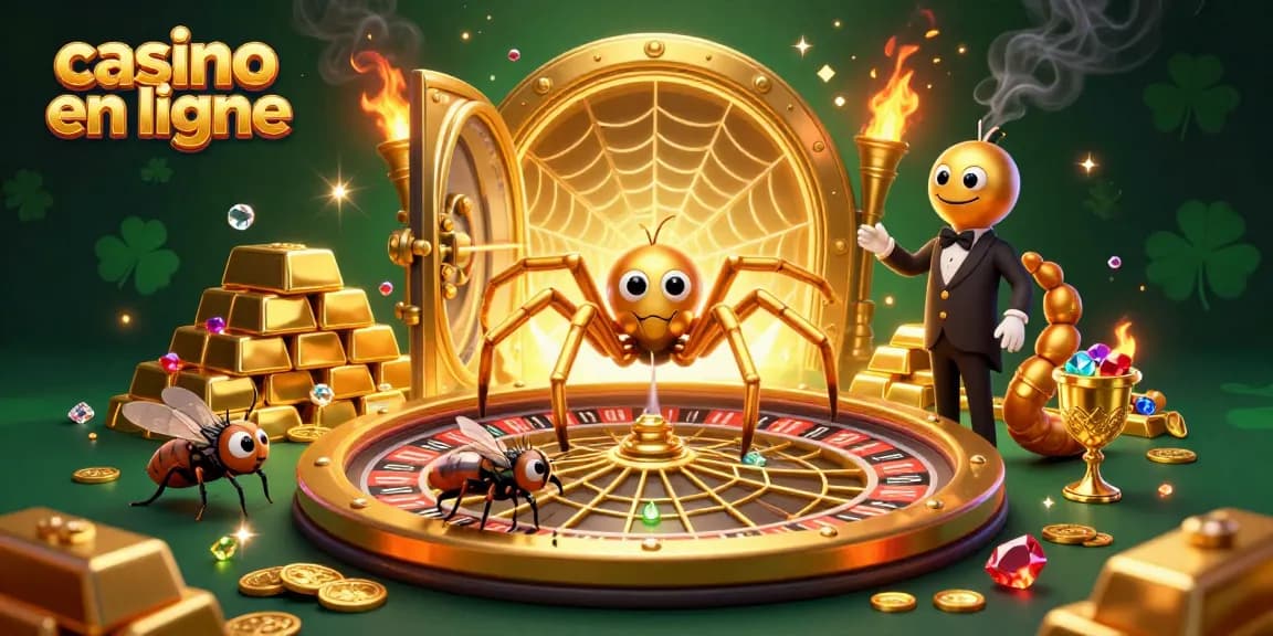 Illustration captivante de casino en ligne avec une araignée dorée et une roue de roulette en or.