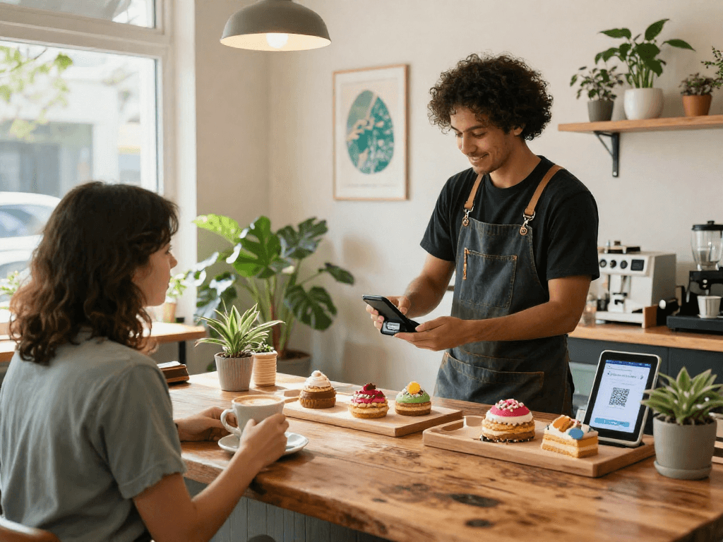 Customer scanning a loyalty app QR code in a cozy café environment.