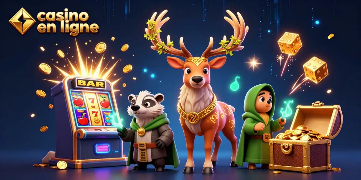 Joue au casino en ligne avec un druid stag et un blaireau dans une scène dynamique remplie de machines à sous.