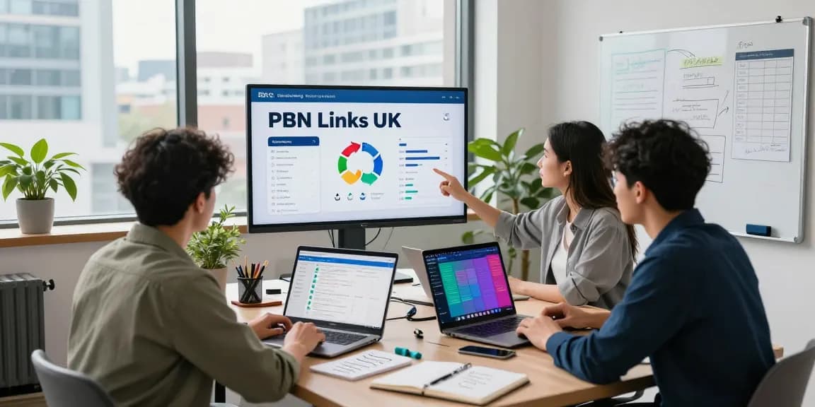 PBN links UK digital marketing strategy session with professionals analyzing SEO metrics.