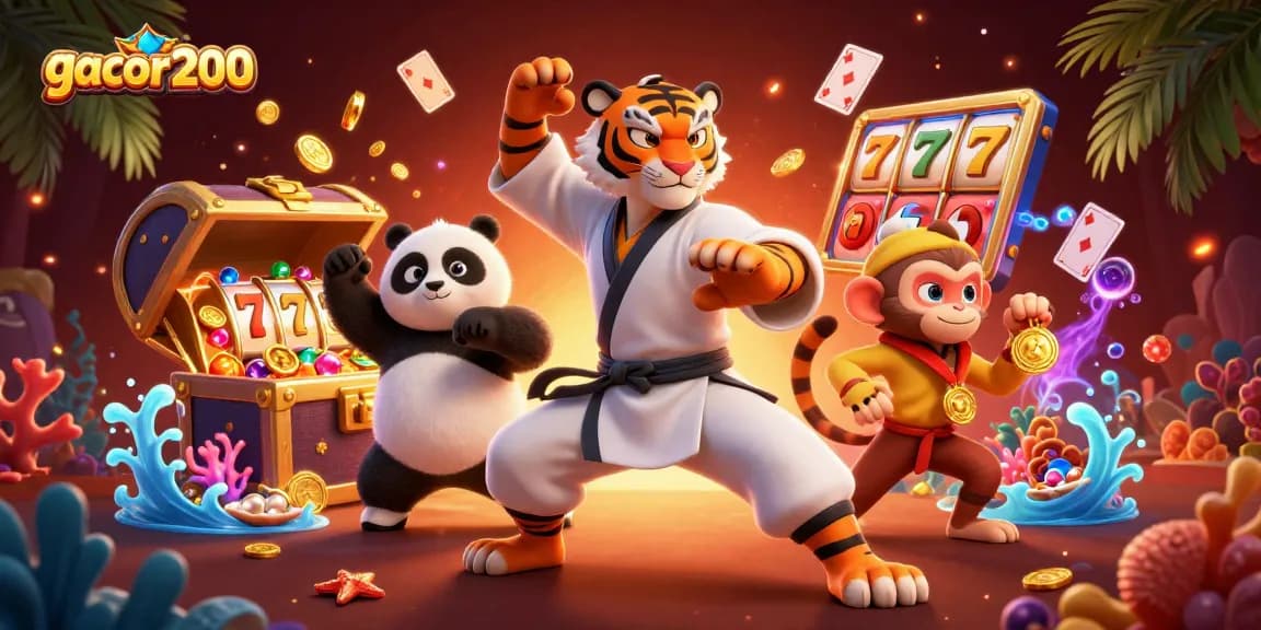 Gacor200 menghadirkan ilustrasi menarik dengan karakter kung fu menangkap medali emas di tengah slot jackpot dan harta karun.