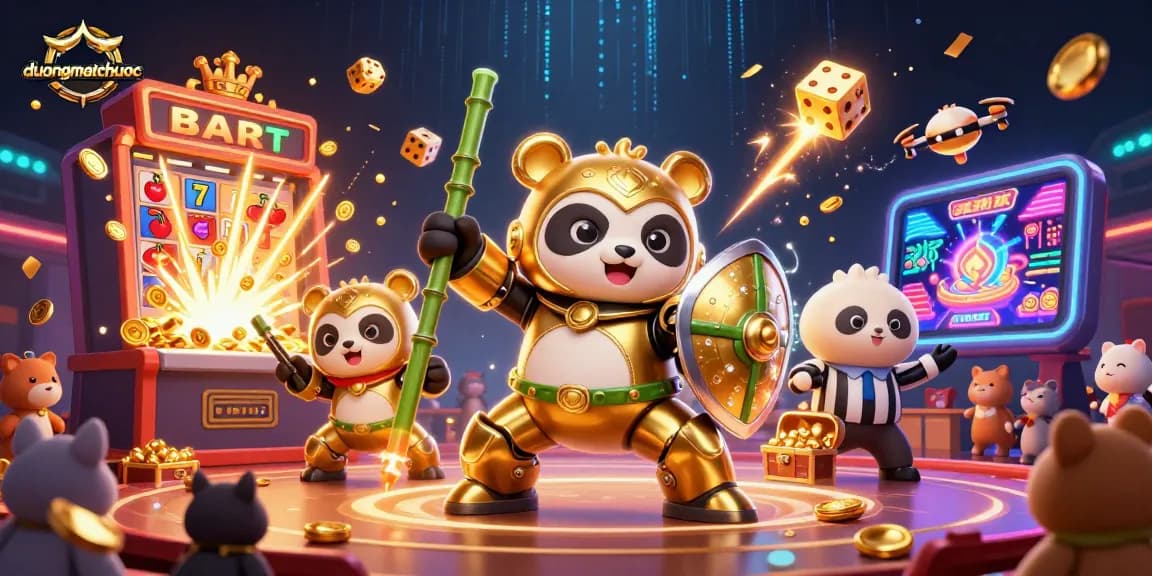Experience duongmatchuoc excitement with a vibrant 3D action scene featuring a mech-suit panda and a jackpot explosion.