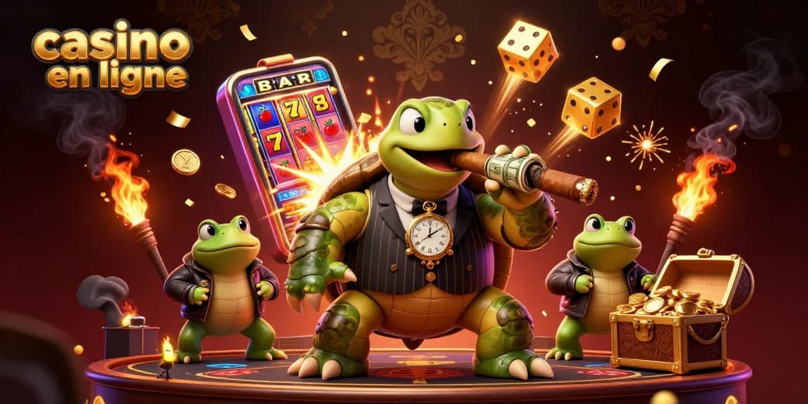 Profitez des jeux de casino en ligne avec des personnages animés dans une scène dynamique et colorée.