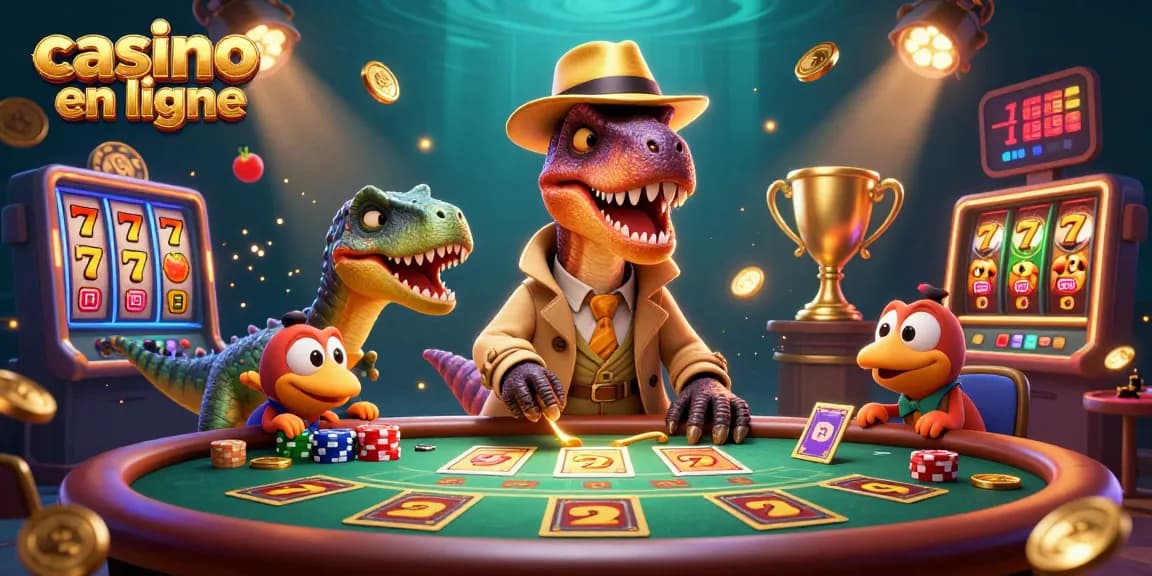 Un velociraptor au casino en ligne joue au blackjack tout en étant surveillé par un pit boss stégosaure.