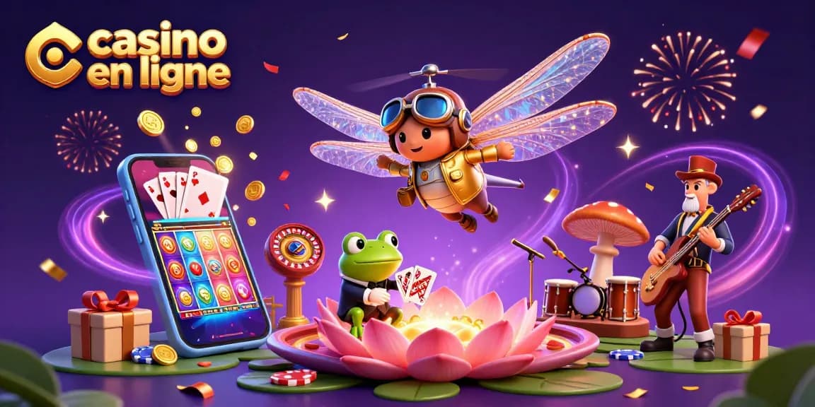 Le dragonfly pilote d'hélicoptère survolant un casino en ligne avec un croupier grenouille en action.