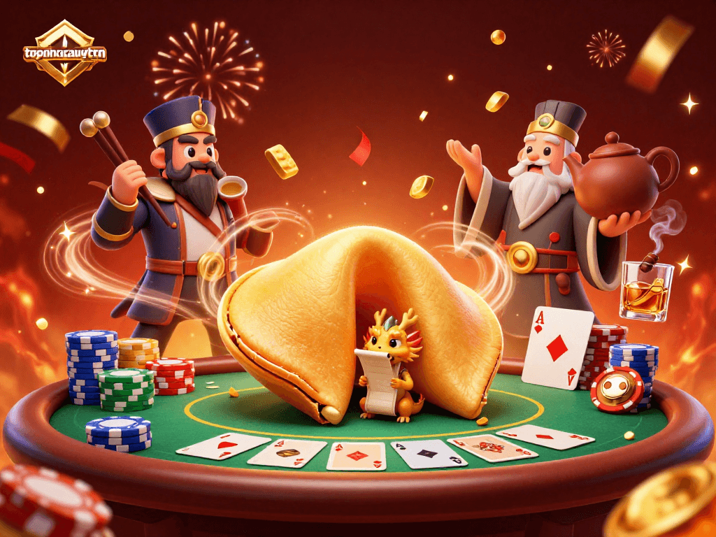 Bet on topnhacaiuytinn with a fortune cookie, poker elements, and dynamic celebrations.