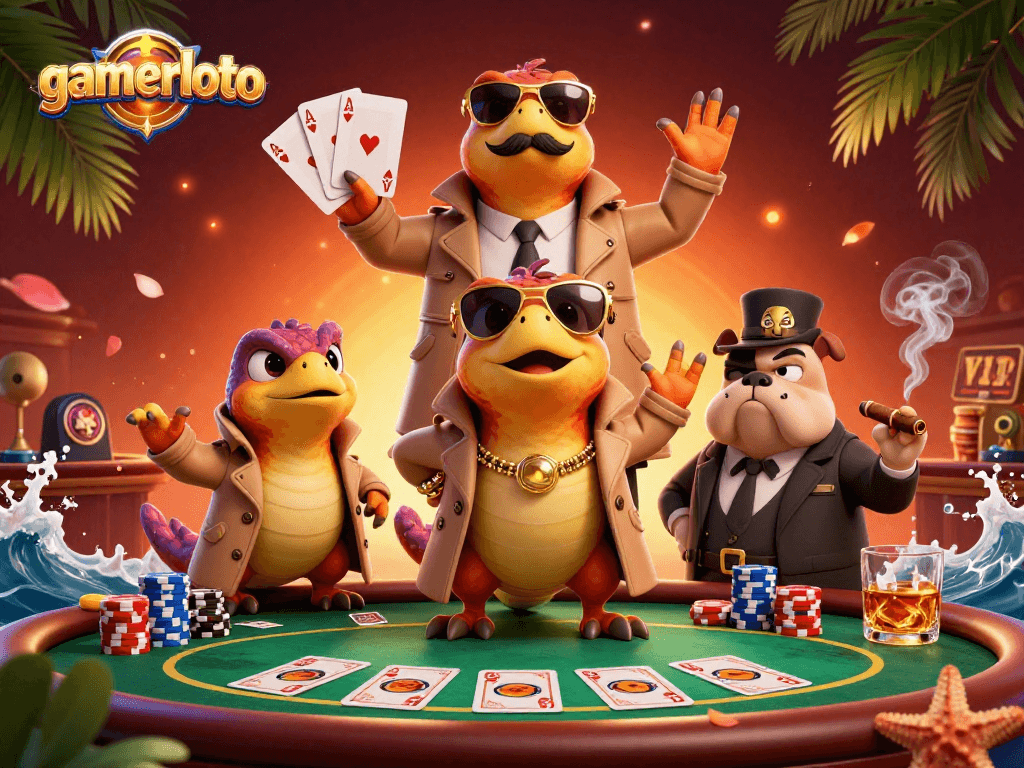 gamerloto's playful 3D illustration with raptors in a trench coat attempting VIP entry at a casino.