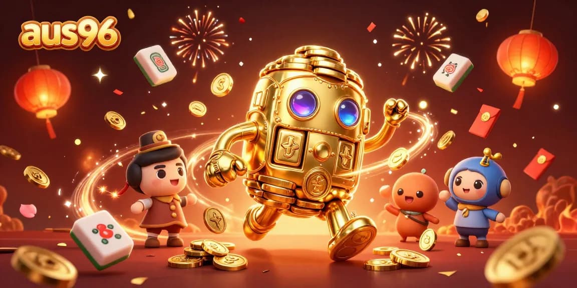 Experience the excitement of aus96 with dynamic gaming visuals featuring a golden golem and game elements.