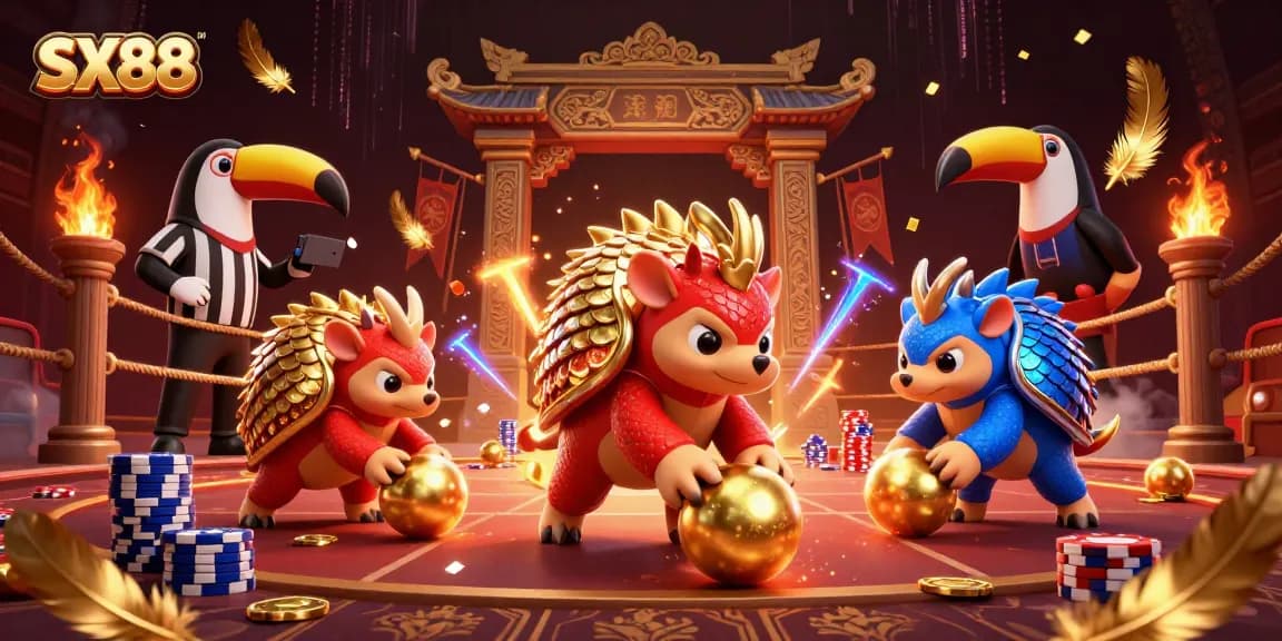 SX88 pangolins compete in a vibrant, dynamic gambling scene filled with poker chips and confetti.