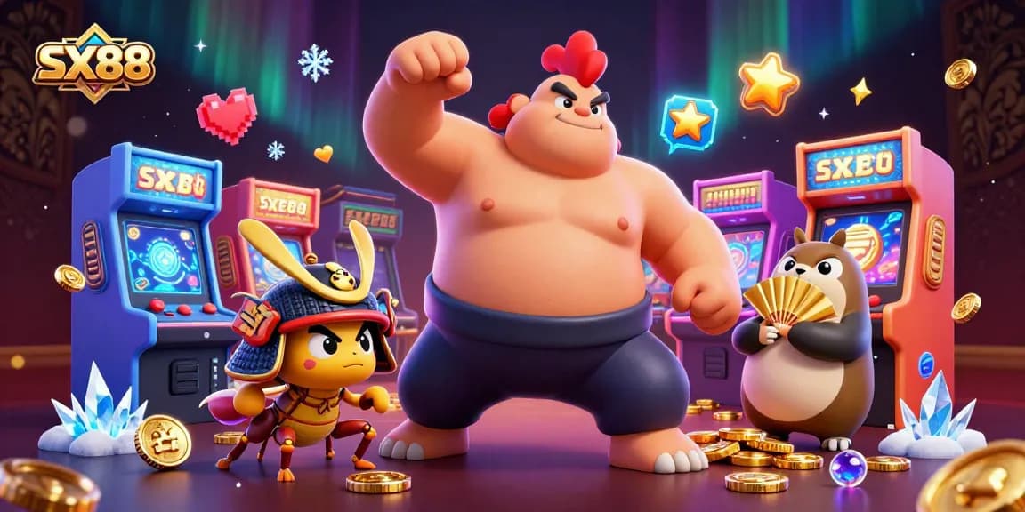 SX88 showcases a powerful sumo rooster and samurai cricket in an action-packed casino scene.