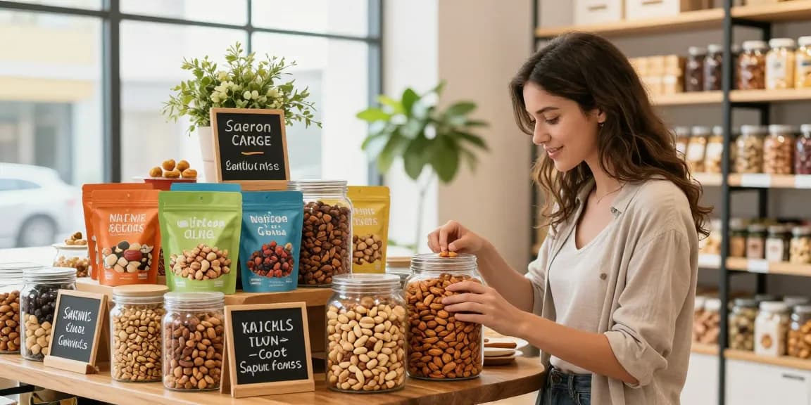 M98 สล็อตเว็บตรงไม่ผ่านเอเย่นต์ shopper enjoying roasted almonds and dried fruits in a vibrant e-commerce setting.