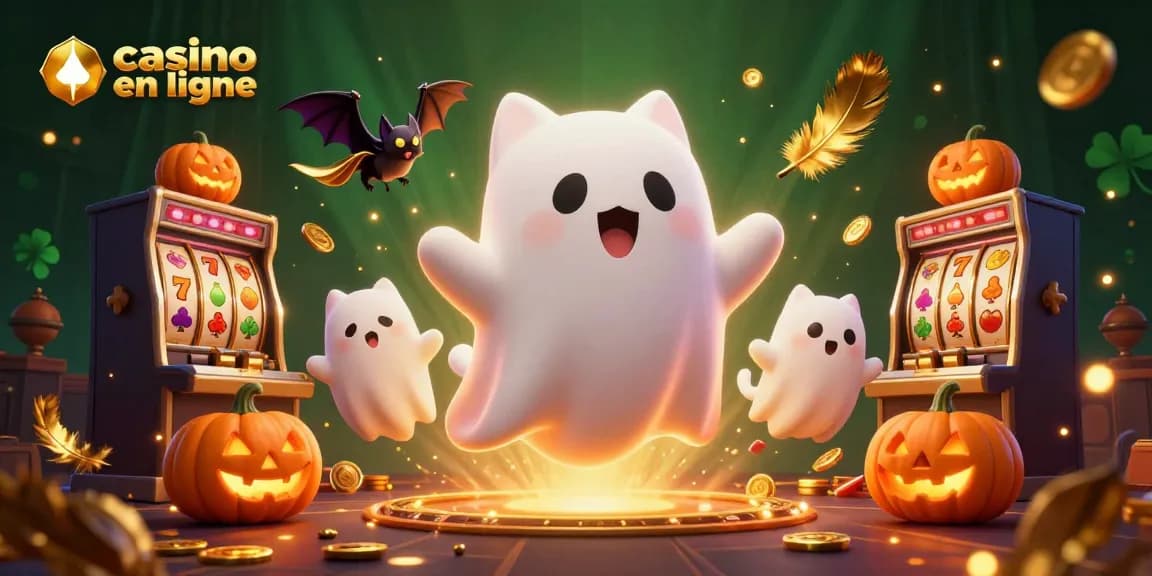 Illustration captivante d'un casino en ligne avec un chat fantôme et une chauve-souris, illuminés par des citrouilles-lanternes.