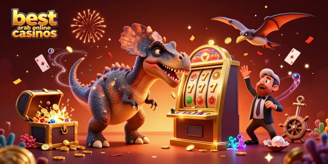 Experience excitement with best arab online casinos as a pachycephalosaurus wins a jackpot, amidst flying coins and vibrant casino action.