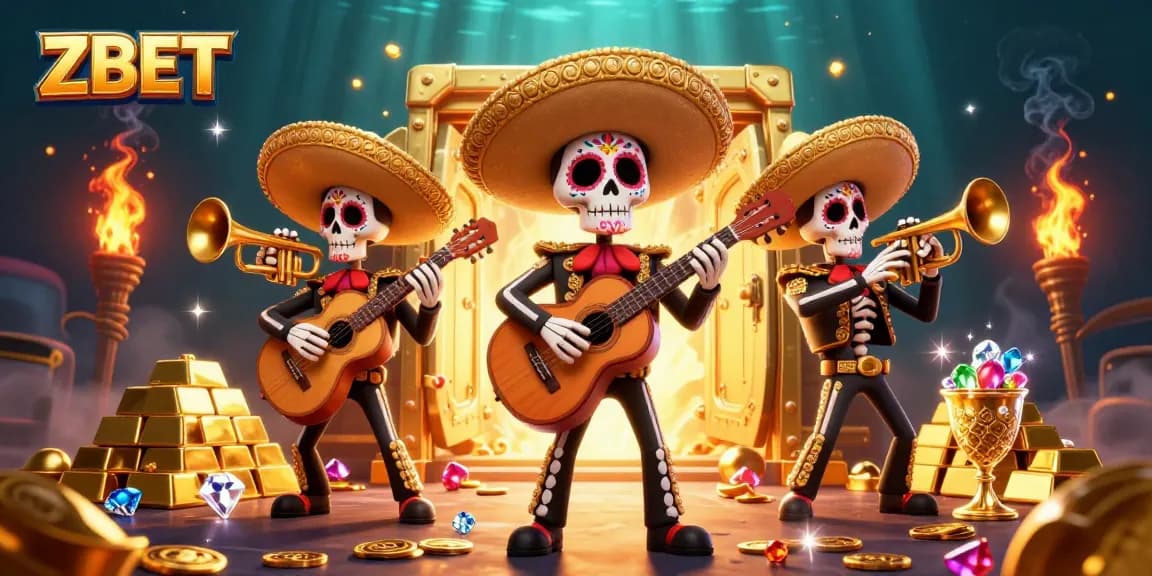 ZBET showcases an engaging Day of the Dead themed casino scene with vibrant characters and treasures.