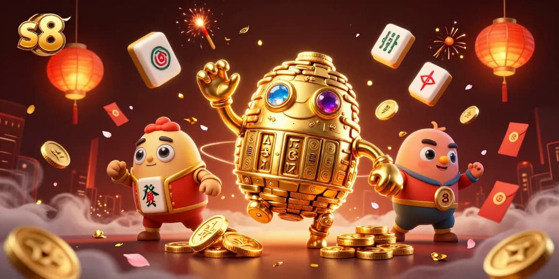 Experience exciting gameplay at S8, where golden golem and gaming symbols create a vibrant casino theme.