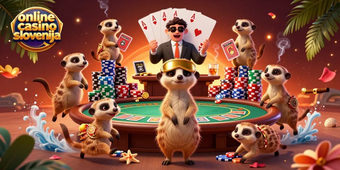 Online casino Slovenija z meerkatki, ki vodijo kazino, dinamično igro in bogate čipe.