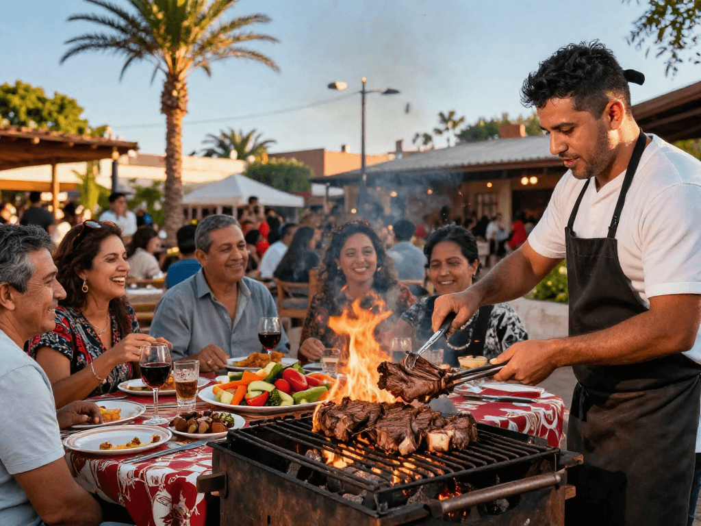 Experience the best parrillada Argentina near me with friends enjoying grilled meats and local wines