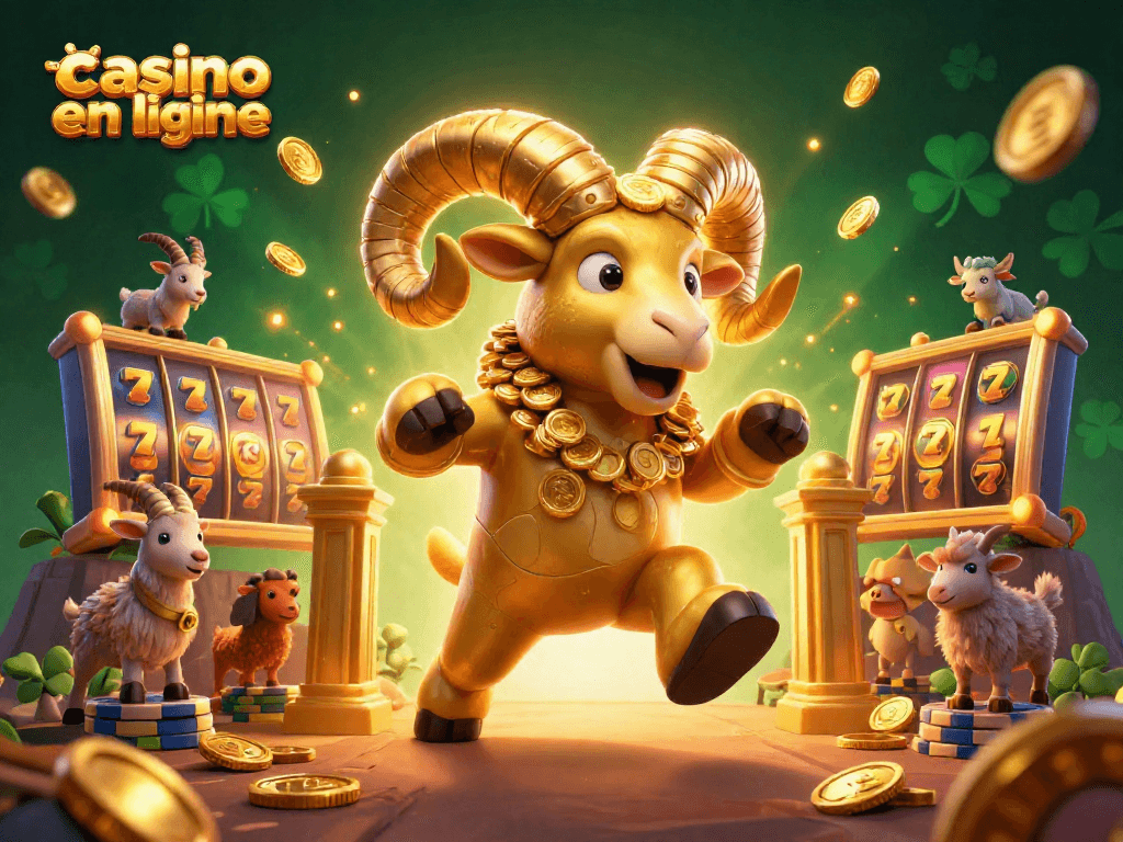 Jouez à casino en ligne avec un bélier doré au milieu des rouleaux de machine à sous scintillants.