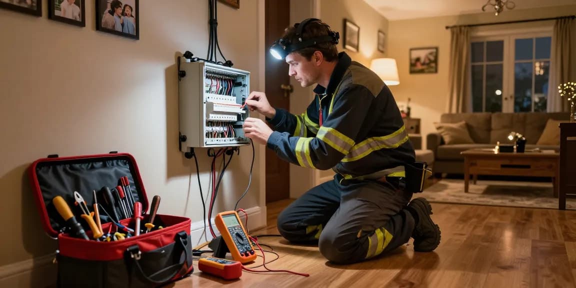 Cannock emergency electrician inspecting a fuse box in a residential setting with tools around