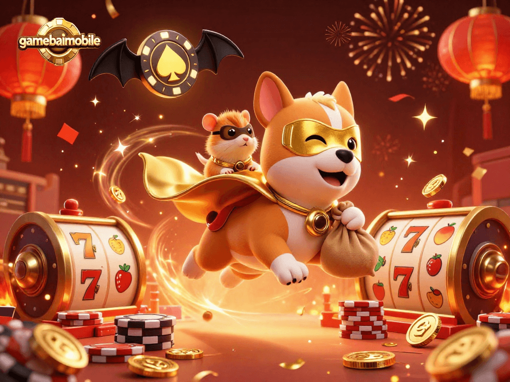 Experience gamebaimobile's thrilling adventures with a flying superhero dog and his hamster sidekick in a vibrant casino scene.
