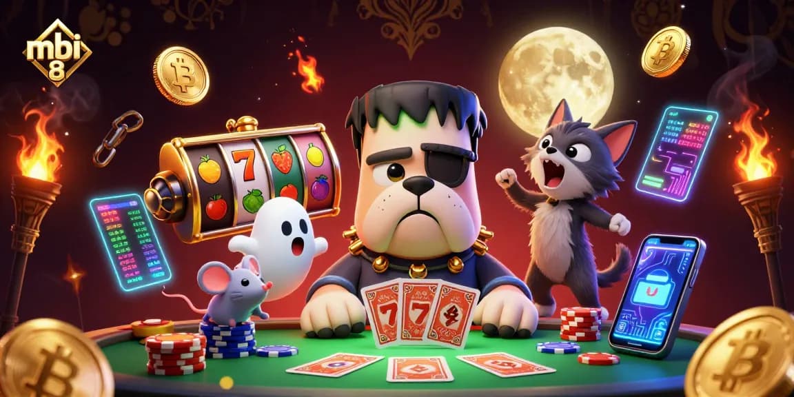 Experience thrilling action at mbi 8 with a vibrant casino scene featuring lively characters and game elements.