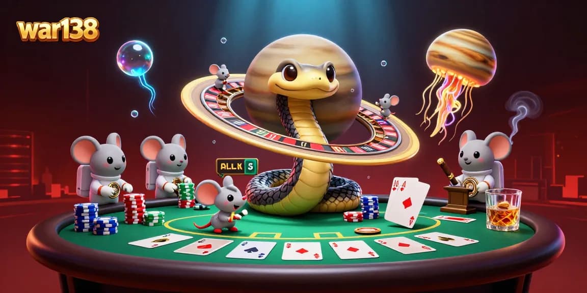 Experience thrilling bets on war138 with astronaut mice and cosmic dealer amidst vibrant casino action.