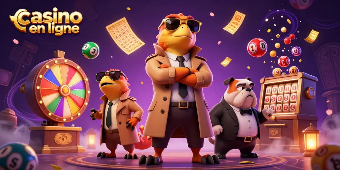 Les raptors déguisés en VIP au casino en ligne, entourés de boules de loterie colorées.