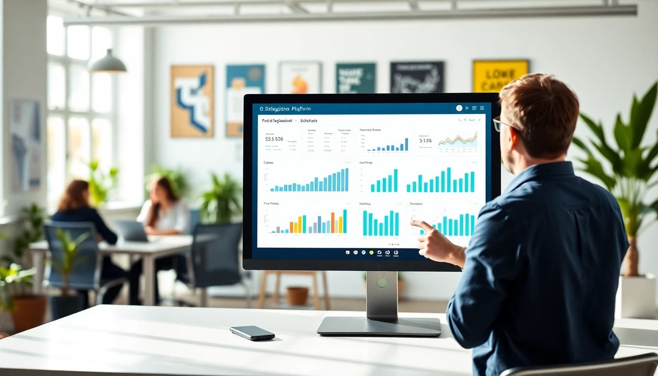 Engage with the sales delegation platform showcased in a bright office as a professional analyzes data.