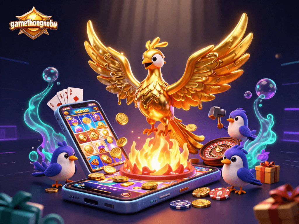 gamethuongnohu showcases a golden phoenix with vivid casino elements creating an exciting gaming atmosphere.