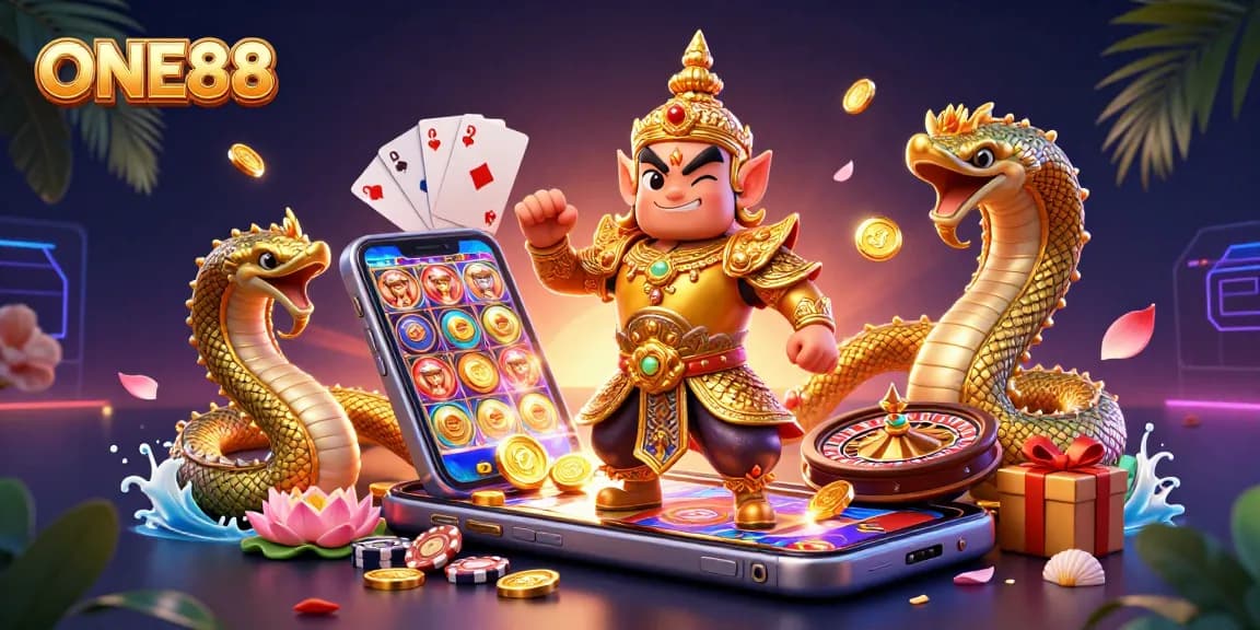 Experience the thrill of ONE88 with vibrant games and captivating characters in an energetic casino scene.