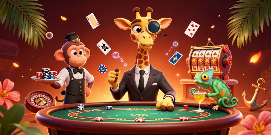 Jouez à des jeux de casino en ligne avec le joueur girafe et ses amis autour d'une table de poker.