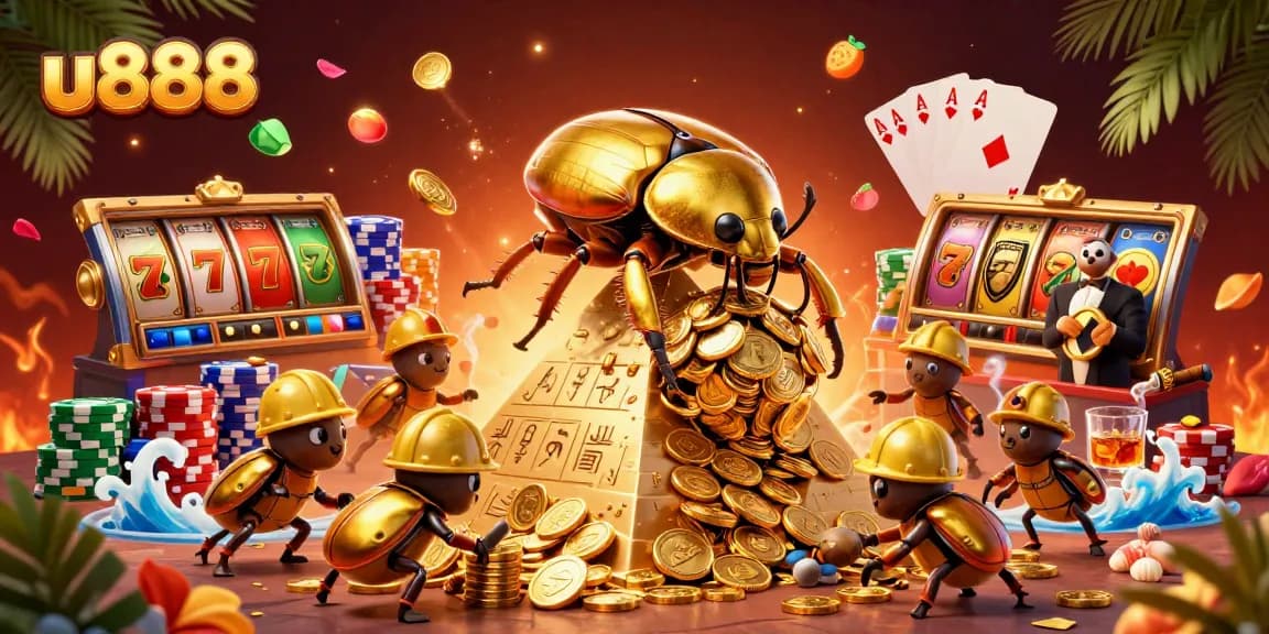 Experience the thrilling excitement of u888 with a golden beetle and rich casino elements.