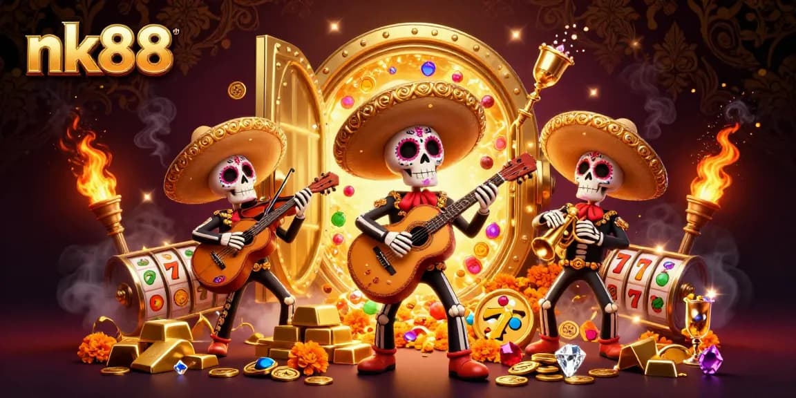 Experience the excitement of nk88 with a vibrant mariachi band surrounded by slot gaming elements.