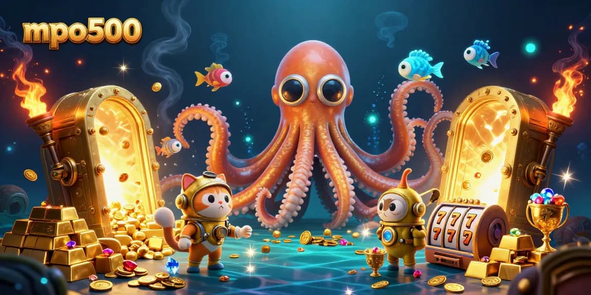 MPO500 gamblers spin the reels with a colossal kraken guarding treasures in a vibrant casino scene.