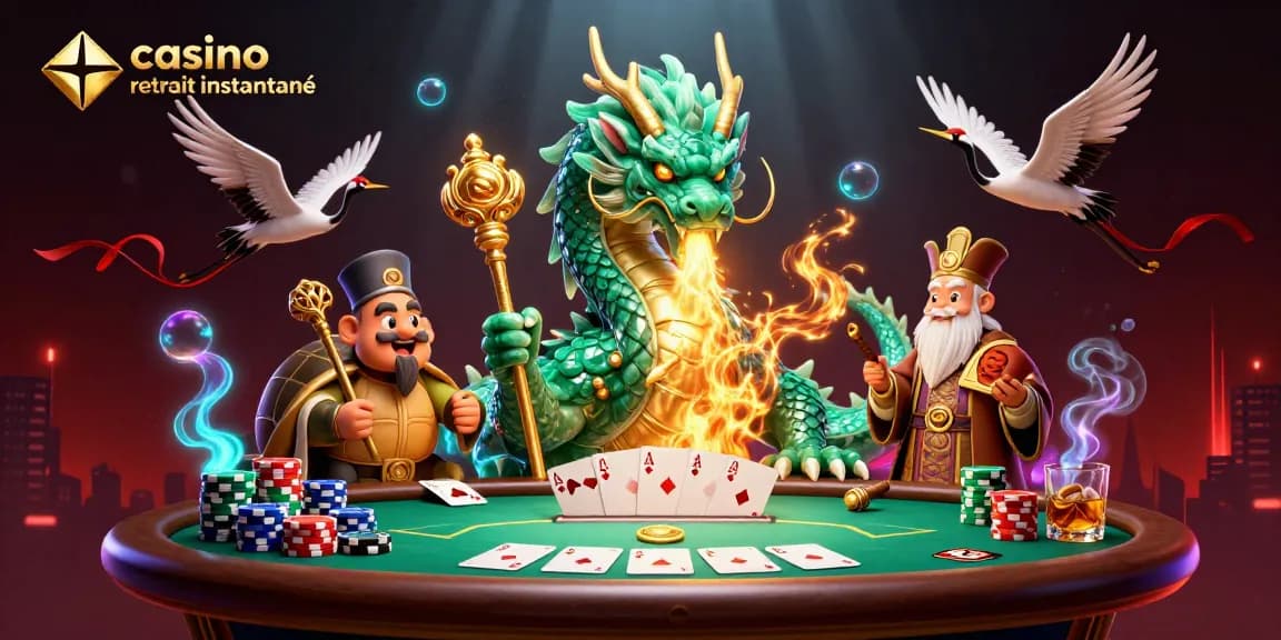 Expérimentez le casino crypto retrait instantané avec un dragon majestueux et des jetons de poker colorés.