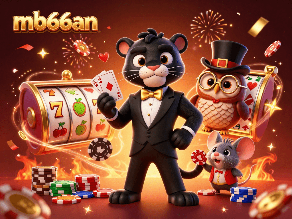 Engage with mb66an's stylish casino scene featuring a panther, owl, and lucky mouse amidst vibrant gaming elements.