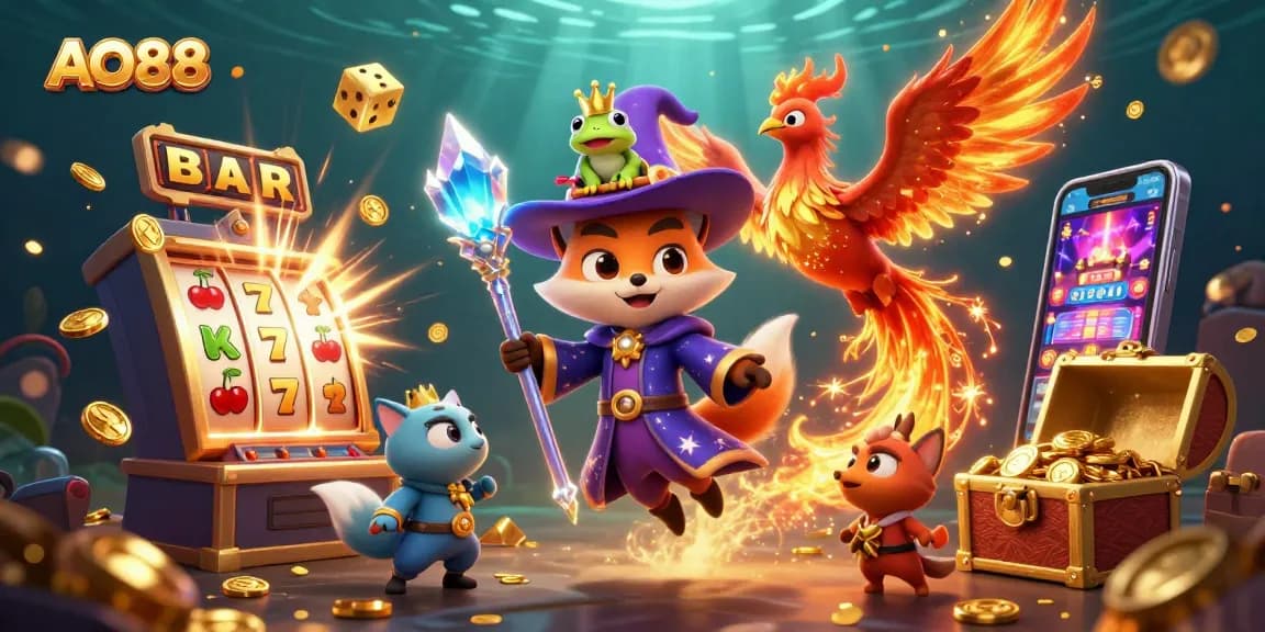 Engage with the magic of AO88 through an enchanting scene of a wizard fox and phoenix amid vibrant casino elements.