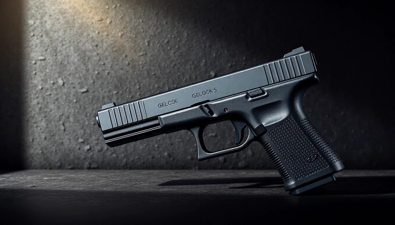Examine the precision of a glock 17 gen 5 slide showcasing its intricate design and metallic finish.