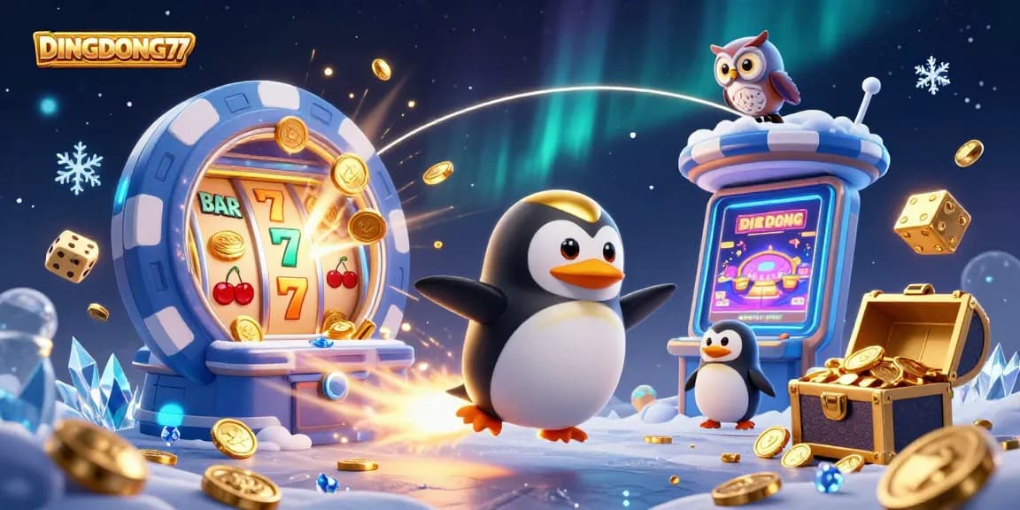 DINGDONG77 showcases an energetic casino scene with a penguin and jackpot elements, capturing the thrill of winning.