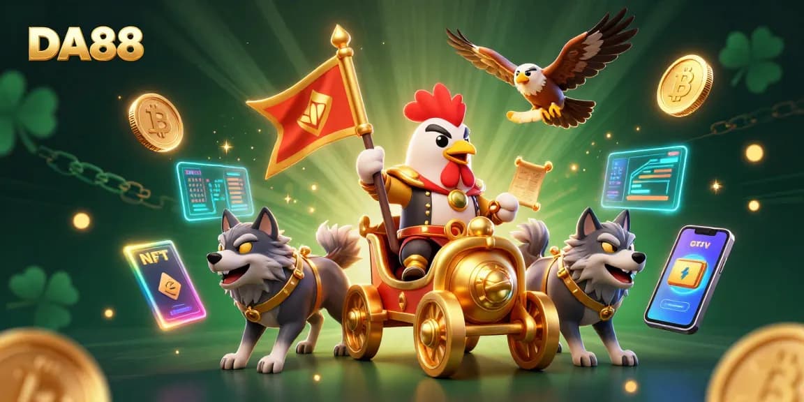 Engage with DA88's thrilling casino experience featuring a spirited rooster warlord and crypto elements.