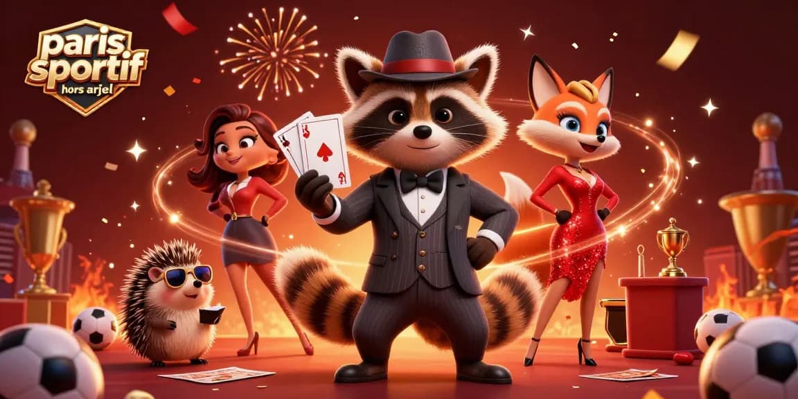 Paris sportif hors Arjel : scène dynamique avec des personnages de casino, enjeux sportifs et visuels amusants.