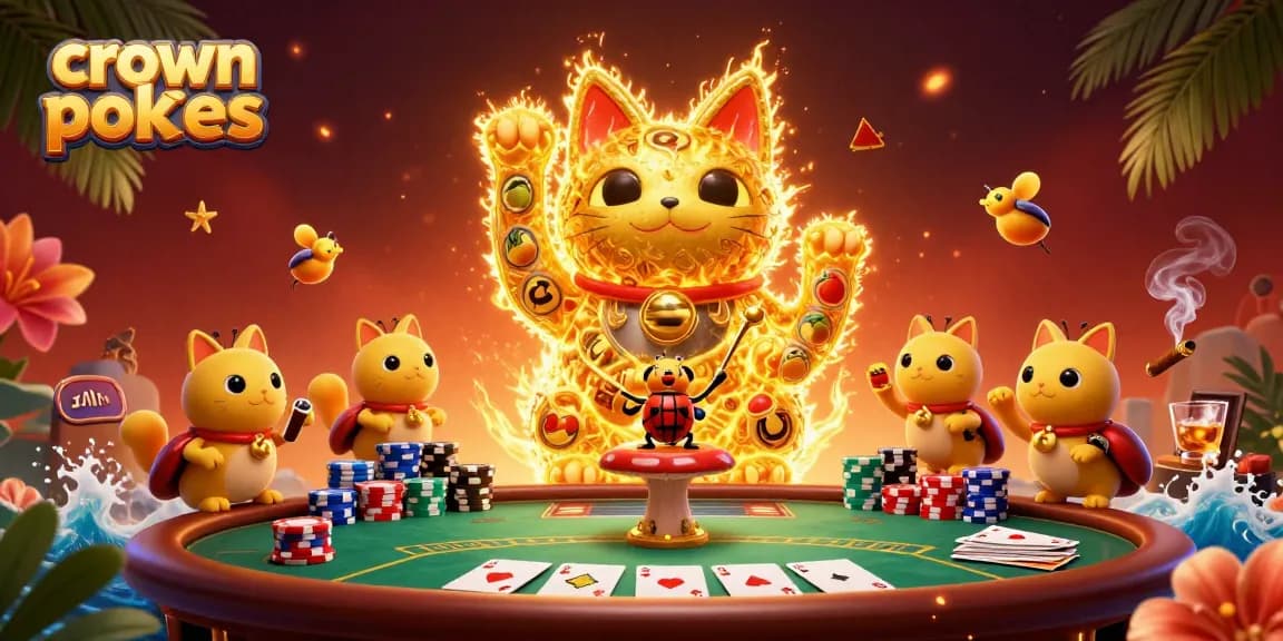 Experience crown pokies with a vibrant illustration of a lucky cat and animated poker elements.