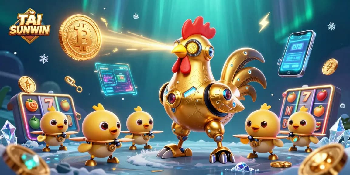 TẢI SUNWIN and experience the thrill of slots with the golden rooster robot leading a crypto adventure.
