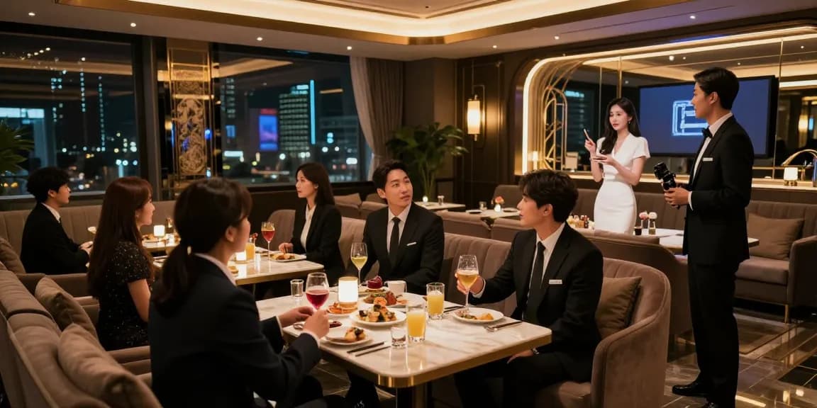 강남 구구단 프라이빗 룸에서 고급스러운 저녁 시간을 즐기는 손님들