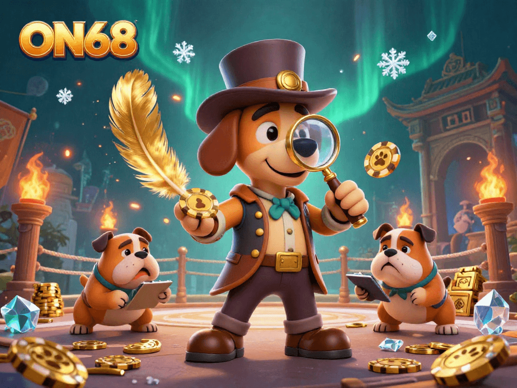 ON68 reveals golden poker chips through a cartoon detective and bulldog duo, immersed in a vibrant gaming scene.