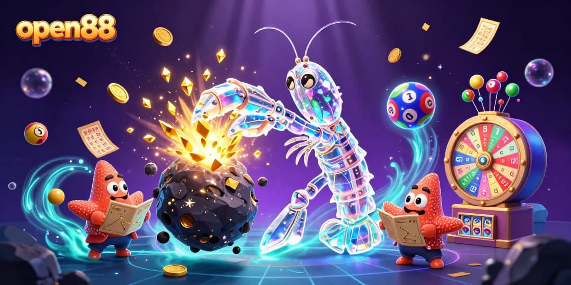Experience the excitement of open88 with galactic samurai mantis shrimp amidst a vibrant casino scene.